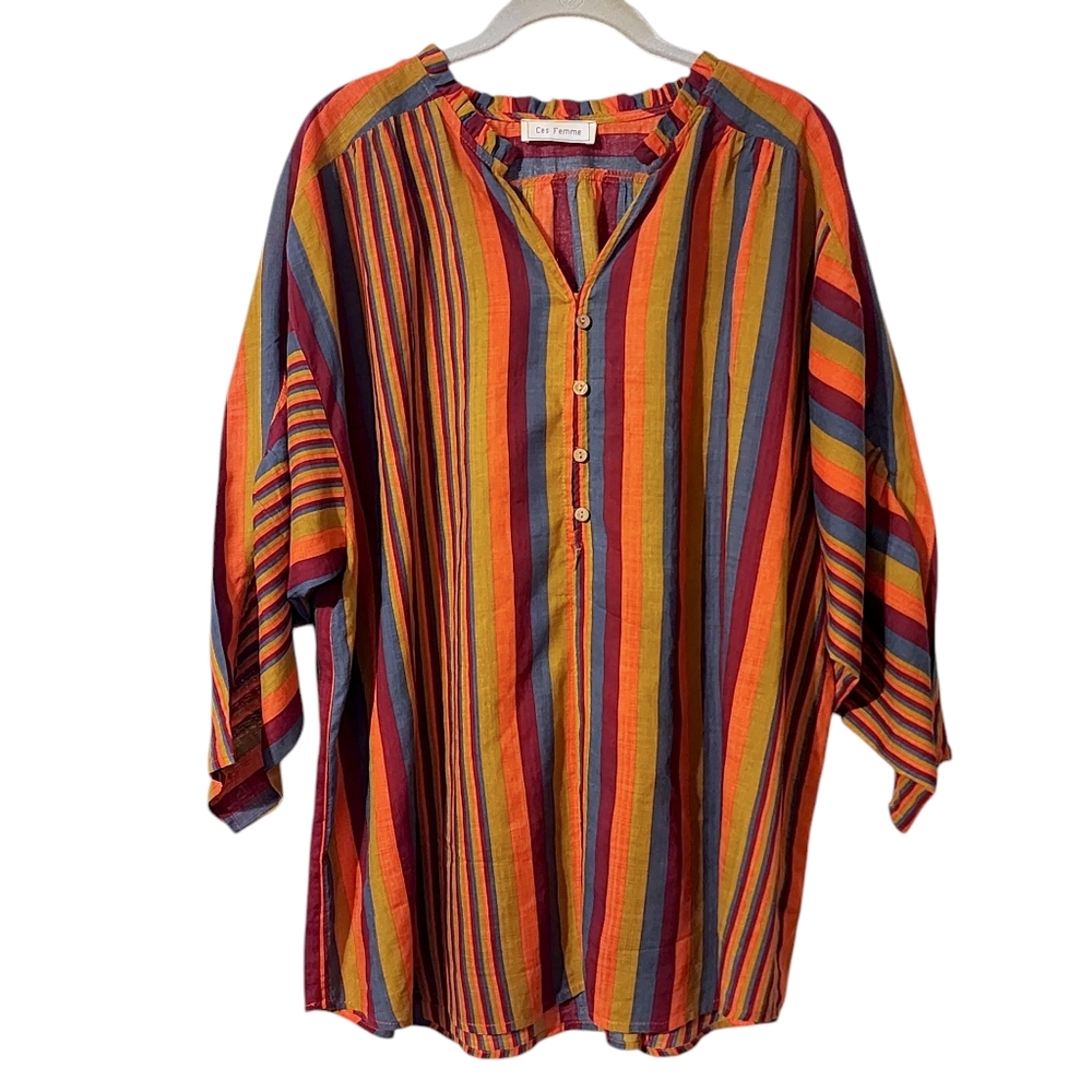 Ces Femme V-Neck Relaxed Fit Striped Blouse | Size Large